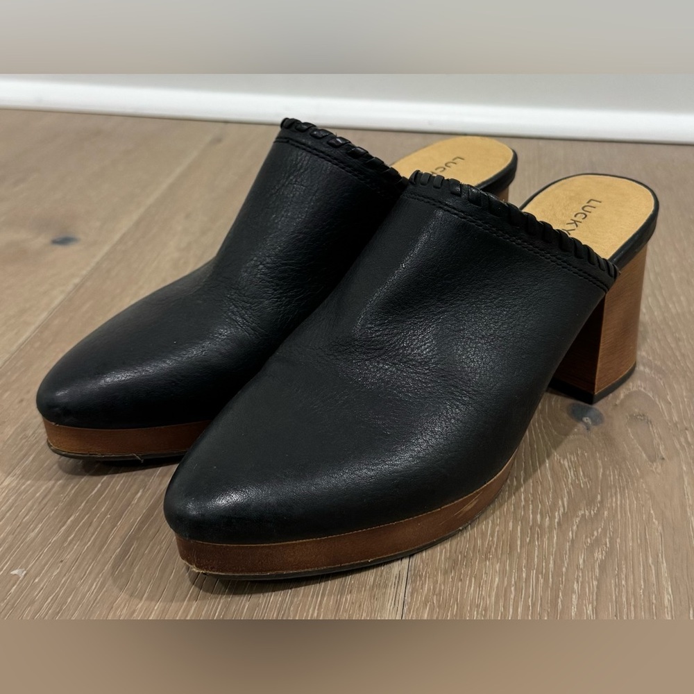 Lucky Brand Black Leather Mules with Tan Sole